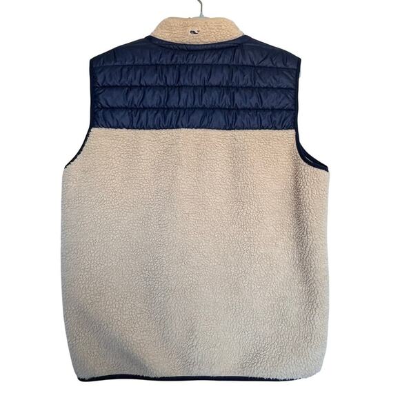 Vineyard Vines Sherpa Fleece Vest Tan Navy XL Cabincore Preppy Cozycore - Picture 7 of 9